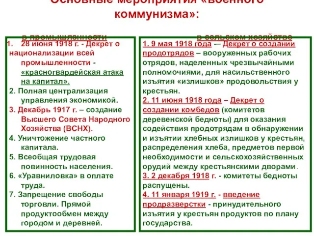 Основные мероприятия «военного коммунизма»: в промышленности в сельском хозяйстве 1. 9
