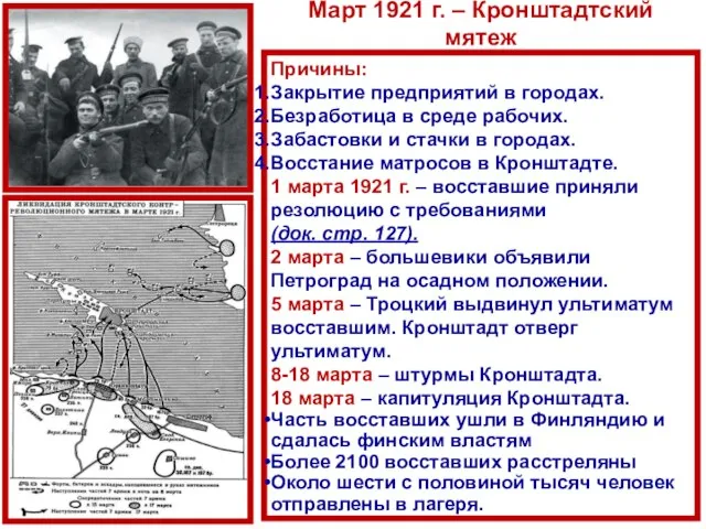 Март 1921 г. – Кронштадтский мятеж Причины: Закрытие предприятий в городах.