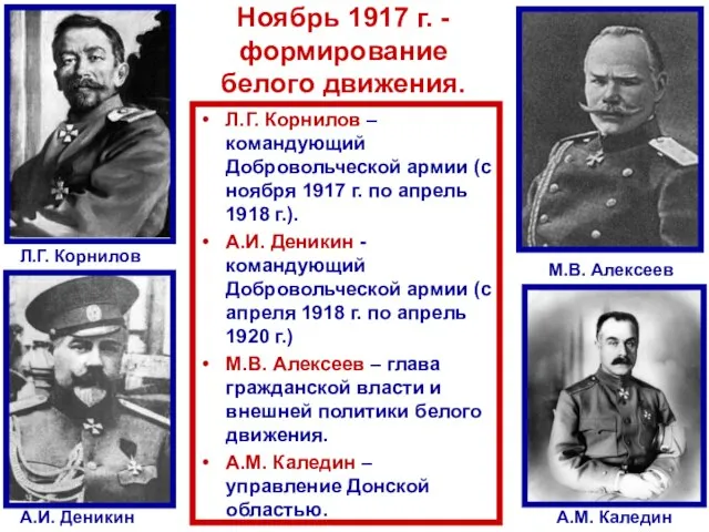 Ноябрь 1917 г. - формирование белого движения. Л.Г. Корнилов – командующий