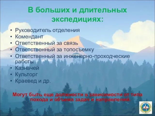 В больших и длительных экспедициях: Руководитель отделения Комендант Ответственный за связь