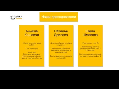 Наши преподаватели Анжела Кошевая «Научу рисовать даже рыбку» 7 лет преподаю