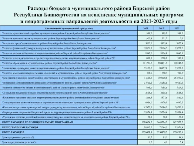 Расходы бюджета муниципального района Бирский район Республики Башкортостан на исполнение муниципальных