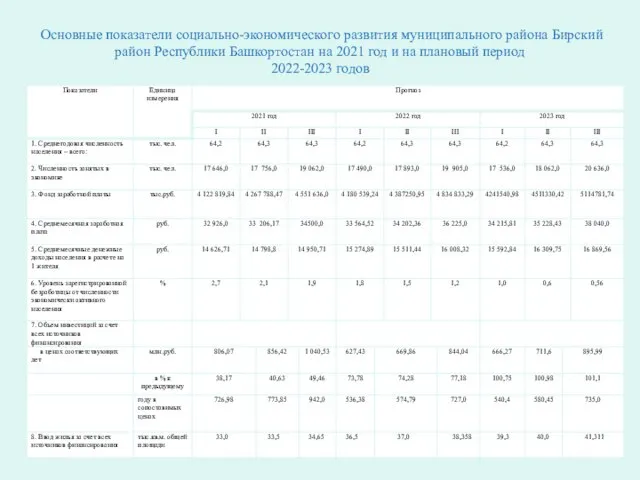 Основные показатели социально-экономического развития муниципального района Бирский район Республики Башкортостан на