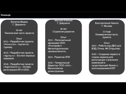 Команда Баталов Вадим Г. Держинск 20 лет Техническая часть проекта Опыт