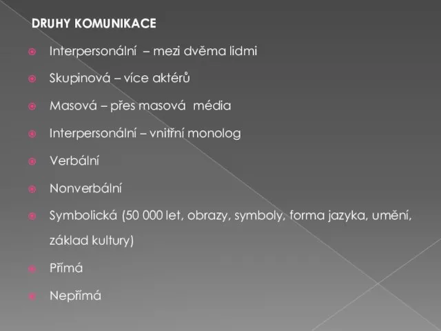 DRUHY KOMUNIKACE Interpersonální – mezi dvěma lidmi Skupinová – více aktérů