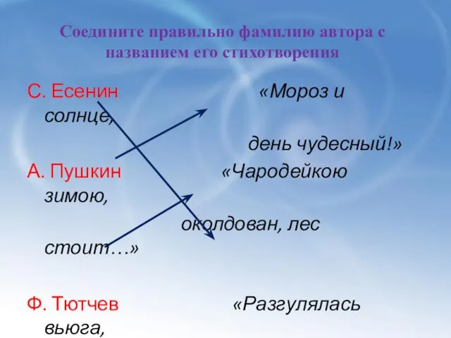 Соедините правильно фамилию автора с названием его стихотворения С. Есенин «Мороз