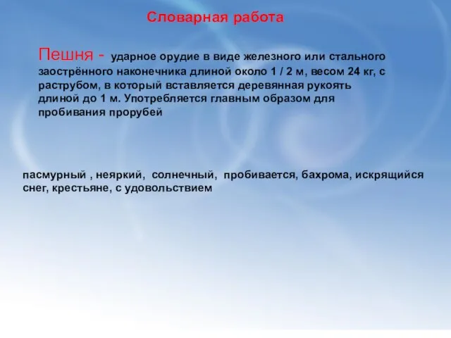 Словарная работа Пешня - ударное орудие в виде железного или стального