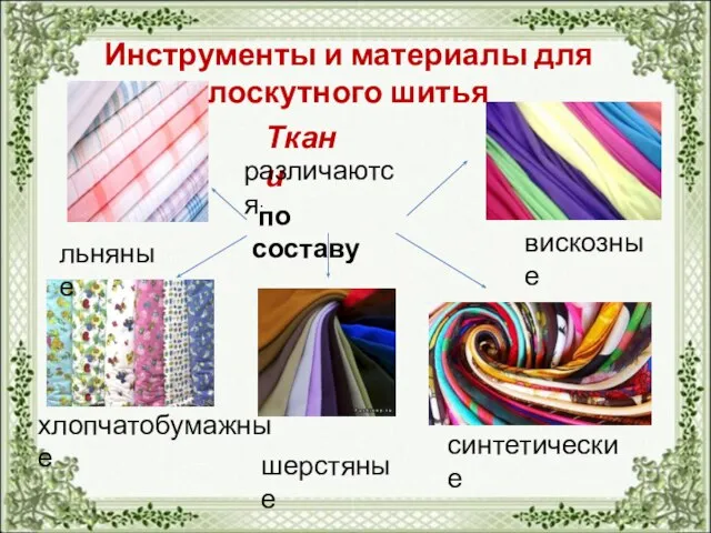 Инструменты и материалы для лоскутного шитья Ткани по составу различаются: хлопчатобумажные льняные шерстяные вискозные синтетические