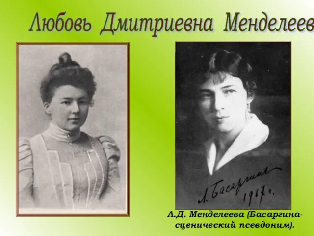 Любовь Дмитриевна Менделеева Л.Д. Менделеева (Басаргина- сценический псевдоним).