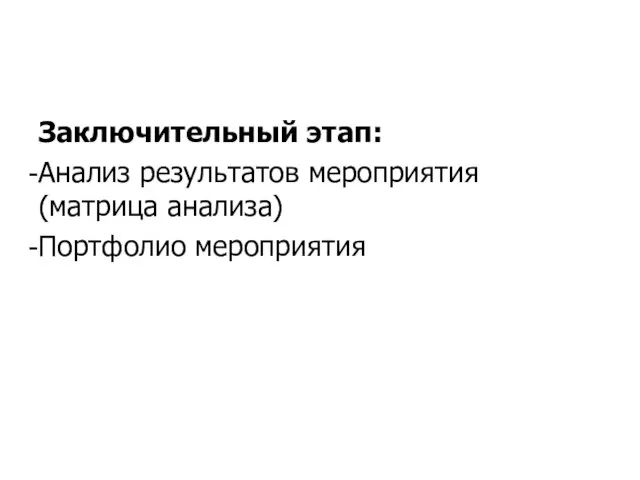 Заключительный этап: Анализ результатов мероприятия (матрица анализа) Портфолио мероприятия