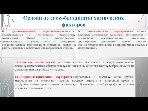 Основные способы защиты химических факторов К организационным мероприятиям относятся предварительные и