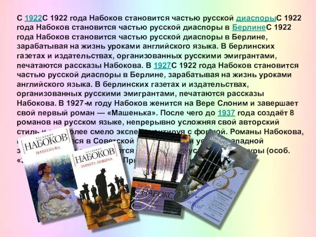 С 1922С 1922 года Набоков становится частью русской диаспорыС 1922 года