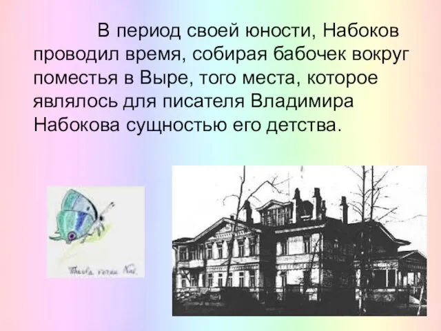 В период своей юности, Набоков проводил время, собирая бабочек вокруг поместья