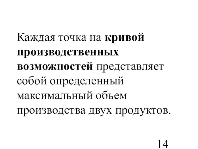 Каждая точка на кривой производственных возможностей представляет собой определенный максимальный объем производства двух продуктов.