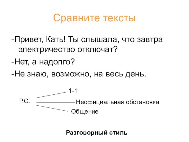 Сравните тексты -Привет, Кать! Ты слышала, что завтра электричество отключат? -Нет,