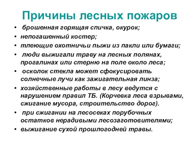 Причины лесных пожаров брошенная горящая спичка, окурок; непогашенный костер; тлеющие охотничьи