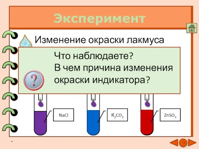 Эксперимент * Изменение окраски лакмуса в растворах солей NaCl К2CO3 ZnSO4