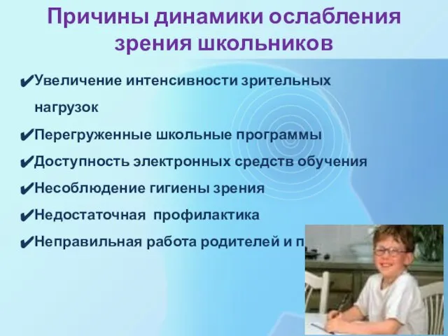 Причины динамики ослабления зрения школьников Увеличение интенсивности зрительных нагрузок Перегруженные школьные