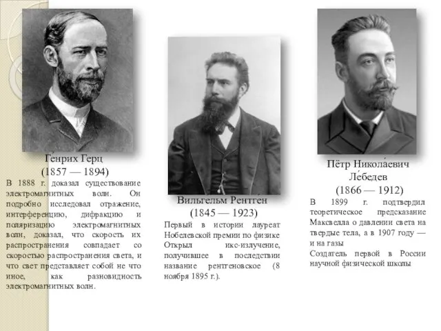 Ге́нрих Герц (1857 — 1894) В 1888 г. доказал существование электромагнитных