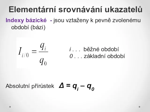 Indexy bázické - jsou vztaženy k pevně zvolenému období (bázi) Absolutní