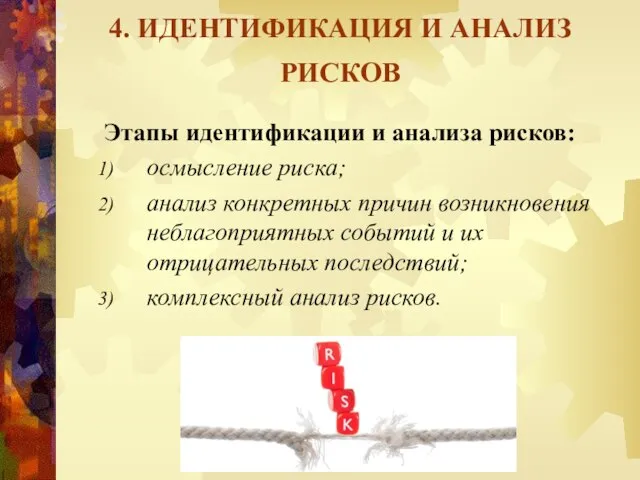 4. ИДЕНТИФИКАЦИЯ И АНАЛИЗ РИСКОВ Этапы идентификации и анализа рисков: осмысление