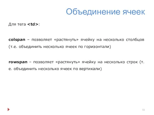 Объединение ячеек Для тега : colspan – позволяет «растянуть» ячейку на