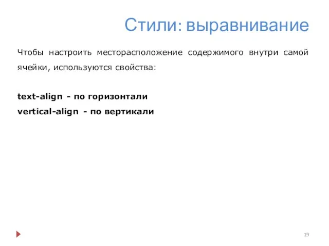 Стили: выравнивание Чтобы настроить месторасположение содержимого внутри самой ячейки, используются свойства: