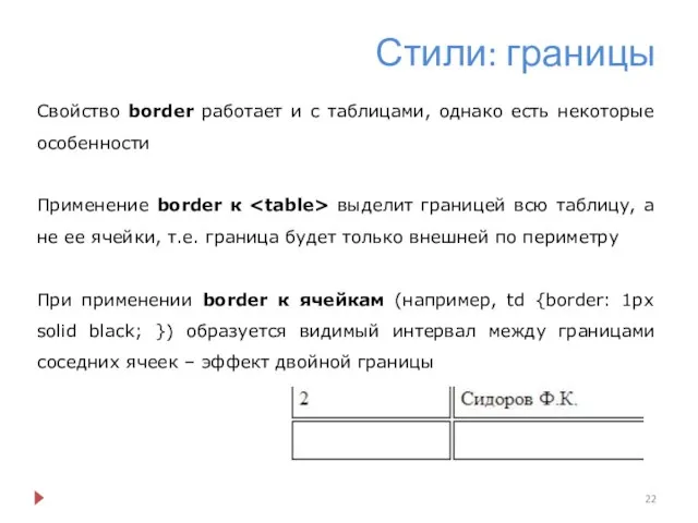 Стили: границы Свойство border работает и с таблицами, однако есть некоторые