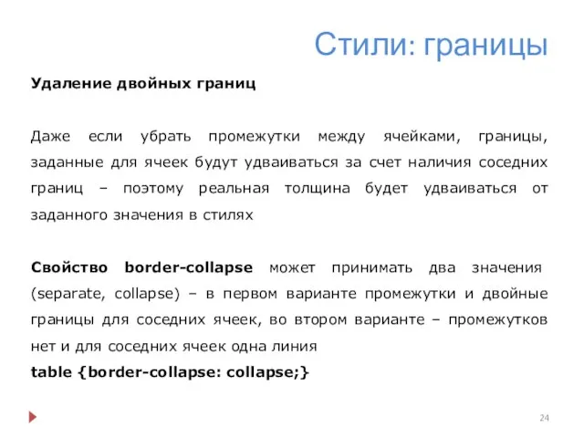 Стили: границы Удаление двойных границ Даже если убрать промежутки между ячейками,