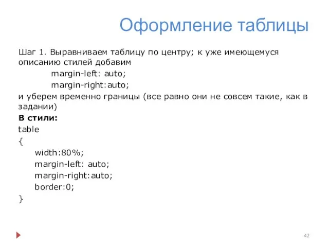 Оформление таблицы Шаг 1. Выравниваем таблицу по центру; к уже имеющемуся