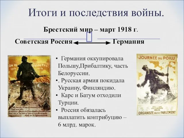 Итоги и последствия войны. Брестский мир – март 1918 г. Советская