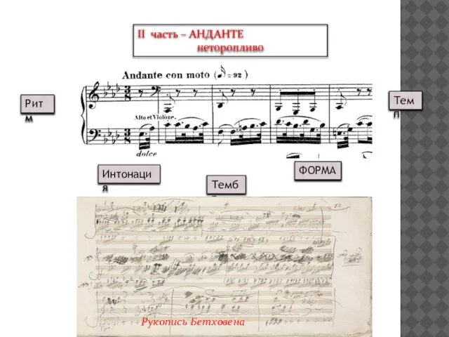 II часть – АНДАНТЕ неторопливо Ритм Интонация Темп ФОРМА Тембр Рукопись Бетховена