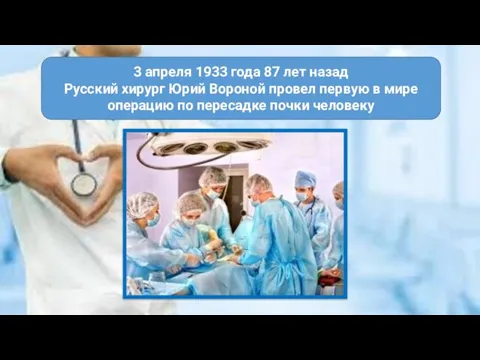 3 апреля 1933 года 87 лет назад Русский хирург Юрий Вороной