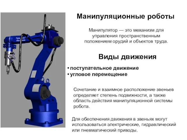 Манипулятор — это механизм для управления пространственным положением орудий и объектов