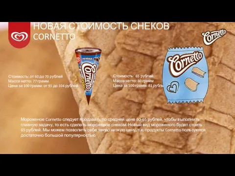 НОВАЯ СТОИМОСТЬ СНЕКОВ CORNETTO Стоимость: от 60 до 70 рублей Масса