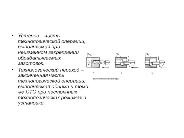 Установ – часть технологической операции, выполняемая при неизменном закреплении обрабатываемых заготовок.