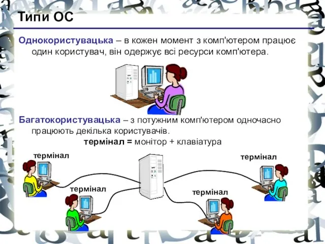 Типи ОС Однокористувацька – в кожен момент з комп'ютером працює один