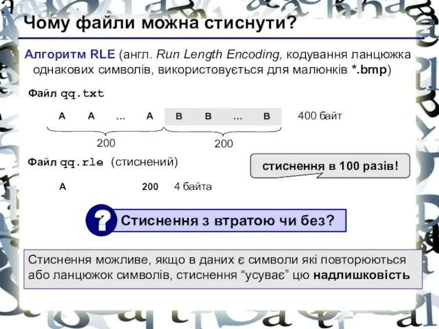 Чому файли можна стиснути? Алгоритм RLE (англ. Run Length Encoding, кодування