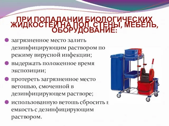 ПРИ ПОПАДАНИИ БИОЛОГИЧЕСКИХ ЖИДКОСТЕЙ НА ПОЛ, СТЕНЫ, МЕБЕЛЬ, ОБОРУДОВАНИЕ: загрязненное место