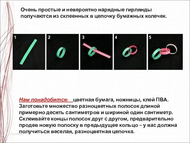 Очень простые и невероятно нарядные гирлянды получаются из склеенных в цепочку