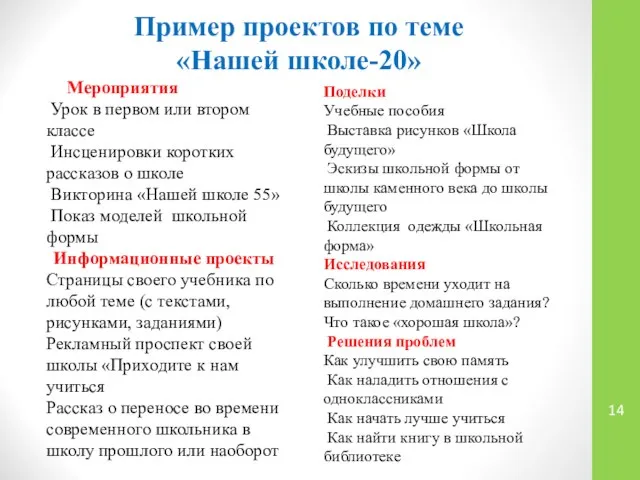 Пример проектов по теме «Нашей школе-20» Мероприятия Урок в первом или