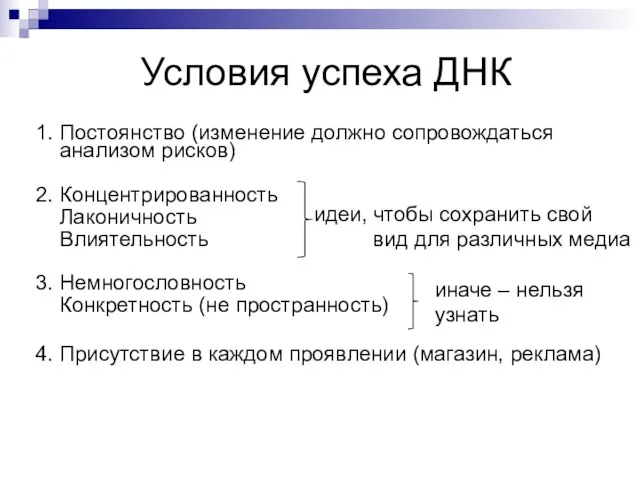 Условия успеха ДНК 1. Постоянство (изменение должно сопровождаться анализом рисков) 2.