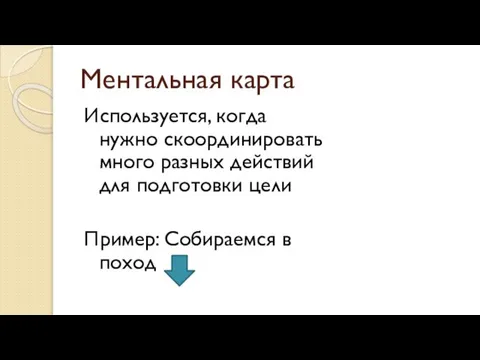 Ментальная карта Используется, когда нужно скоординировать много разных действий для подготовки цели Пример: Собираемся в поход