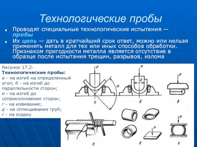 Технологические пробы Проводят специальные технологические испытания — пробы Их цель —