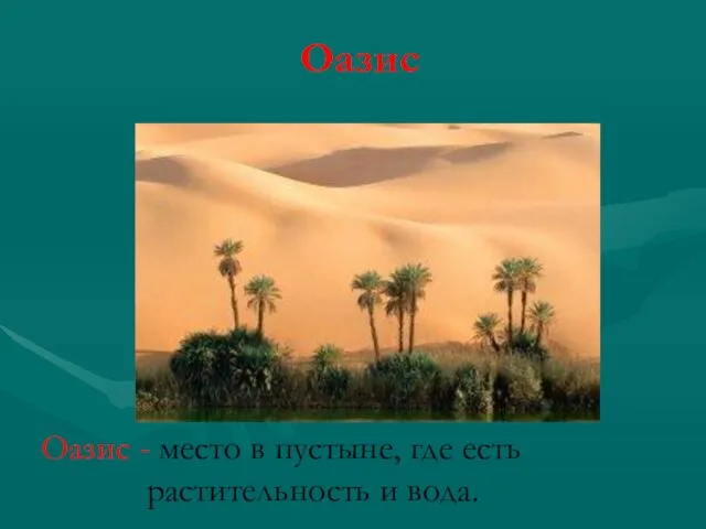 Оазис Оазис - место в пустыне, где есть растительность и вода.