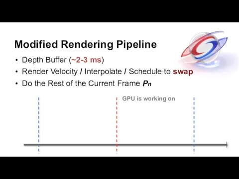 Modified Rendering Pipeline Depth Buffer (~2-3 ms) Render Velocity / Interpolate