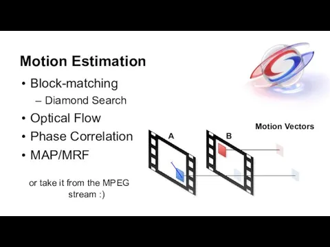 Motion Estimation Block-matching Diamond Search Optical Flow Phase Correlation MAP/MRF or