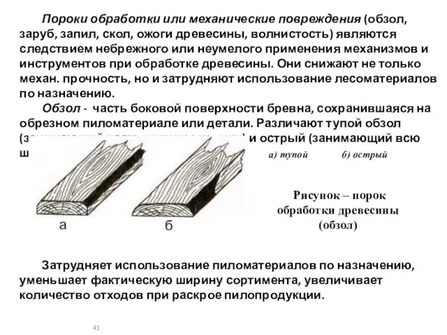 Пороки обработки или механические повреждения (обзол, заруб, запил, скол, ожоги древесины,