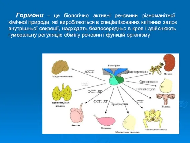 Гормони – це біологічно активні речовини різноманітної хімічної природи, які виробляються