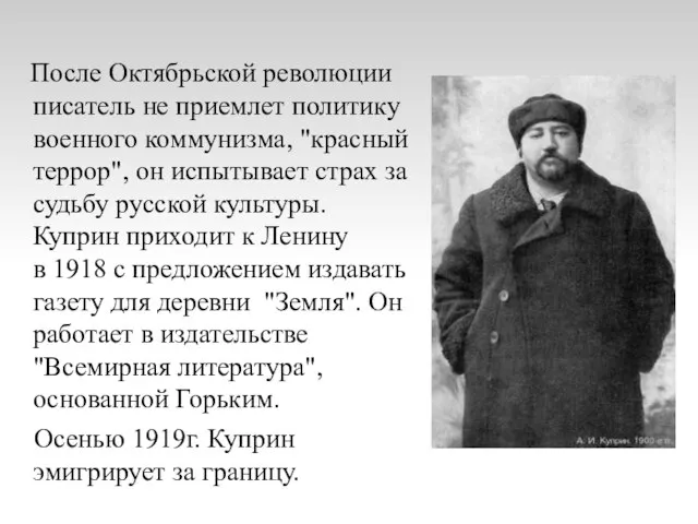 После Октябрьской революции писатель не приемлет политику военного коммунизма, "красный террор",